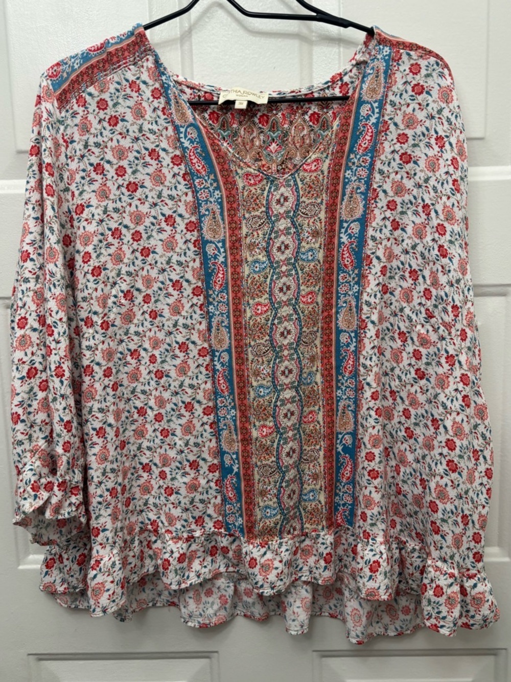 Cynthia Rowley Floral Boho Peasant Tunic in Coral, Blue, Cream
